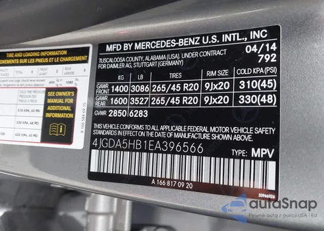 2014 Mercedes-Benz Ml 350 4Matic from USA, damaged, VIN 4JGDA5HB1EA396566